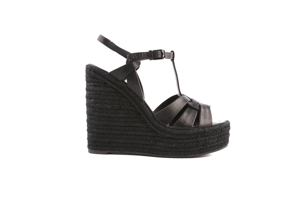 SAINT LAURENT BLACK TRIBUTE LEATHER WEDGE ESPADRILLES EU 40 UK 7 US 10