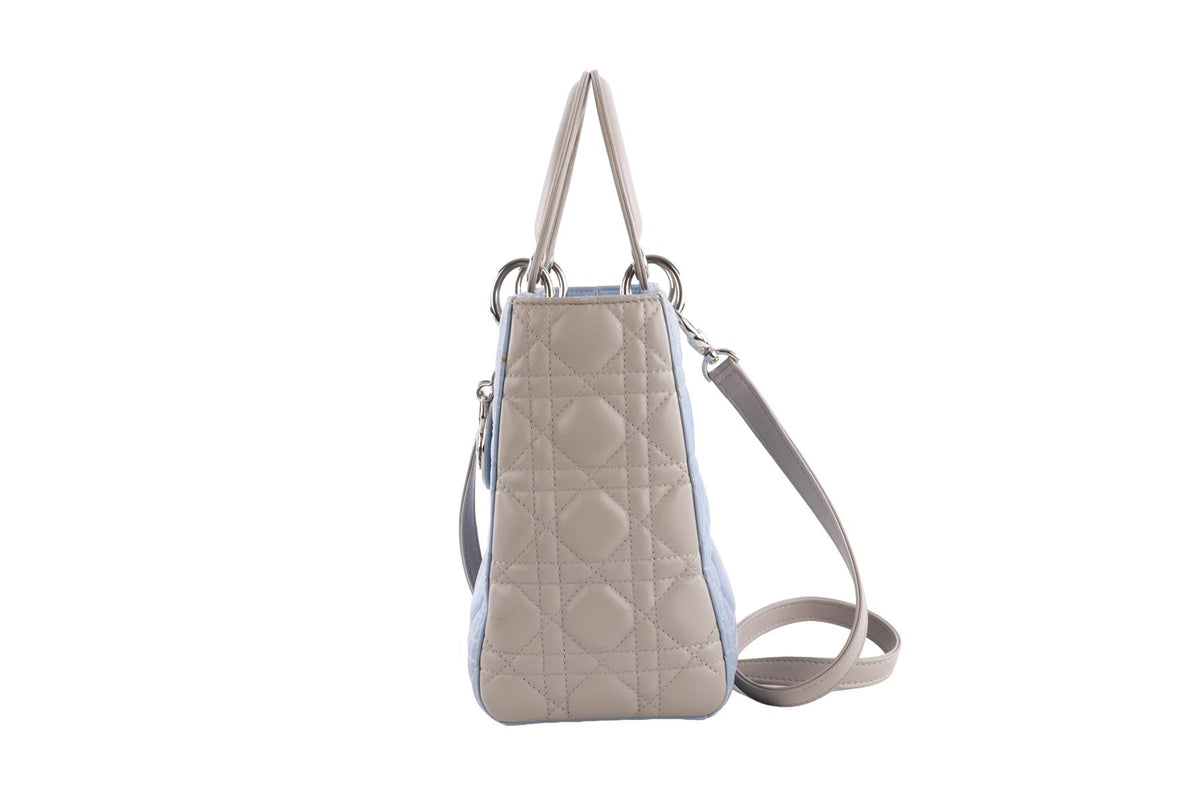 CHRISTIAN DIOR BLUE LADY DIOR MEDIUM BI-COLOUR CANNAGE LEATHER TOTE BAG
