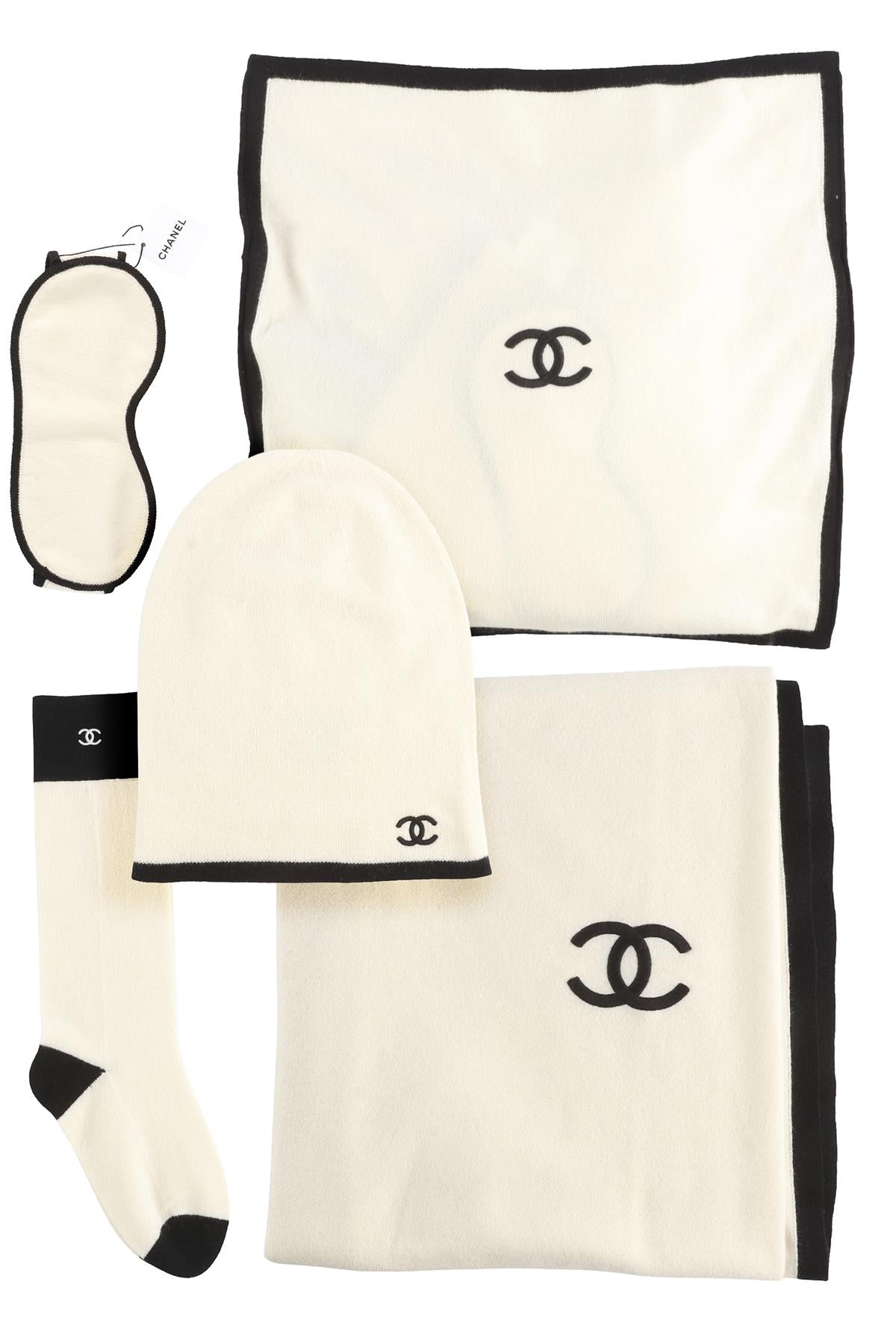 CHANEL CREAM CC CASHMERE BEANIE, SOCKS, EYE MASK, BLANKET, PILLOW CASE SET