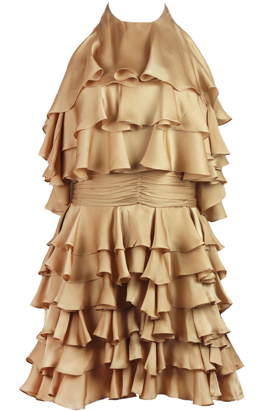 BALMAIN TIERED RUFFLED SILK HALTERNECK MINI DRESS FR 36 UK 8