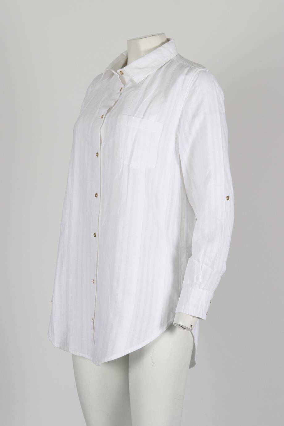 SOLID AND STRIPED COTTON AND LINEN BLEND SHIRT SMALL
