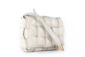 BOTTEGA VENETA ECRU CASSETTE INTRECCIATO LEATHER SHOULDER BAG