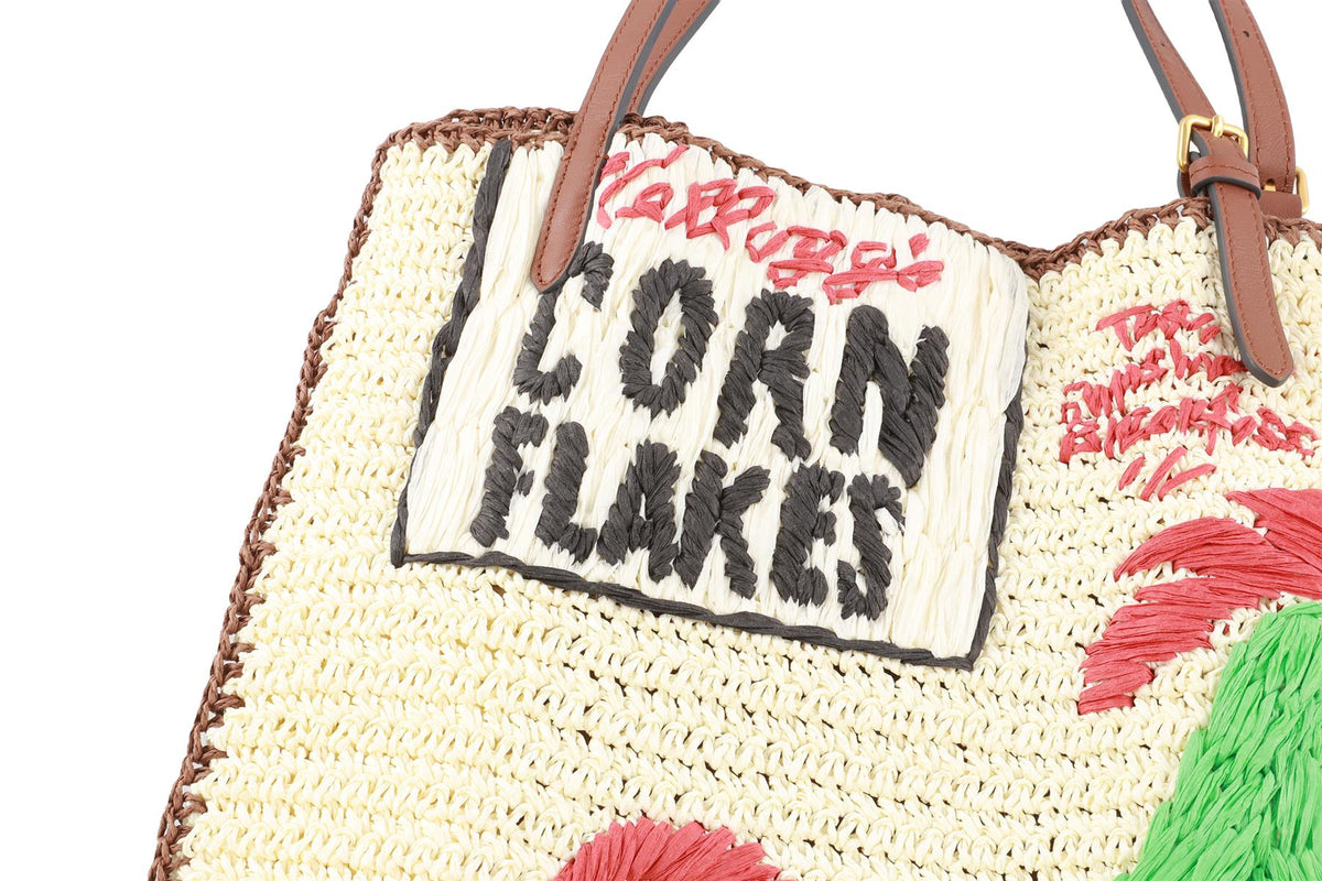 ANYA HINDMARCH CREAM CORN FLAKES RAFFIA TOTE BAG