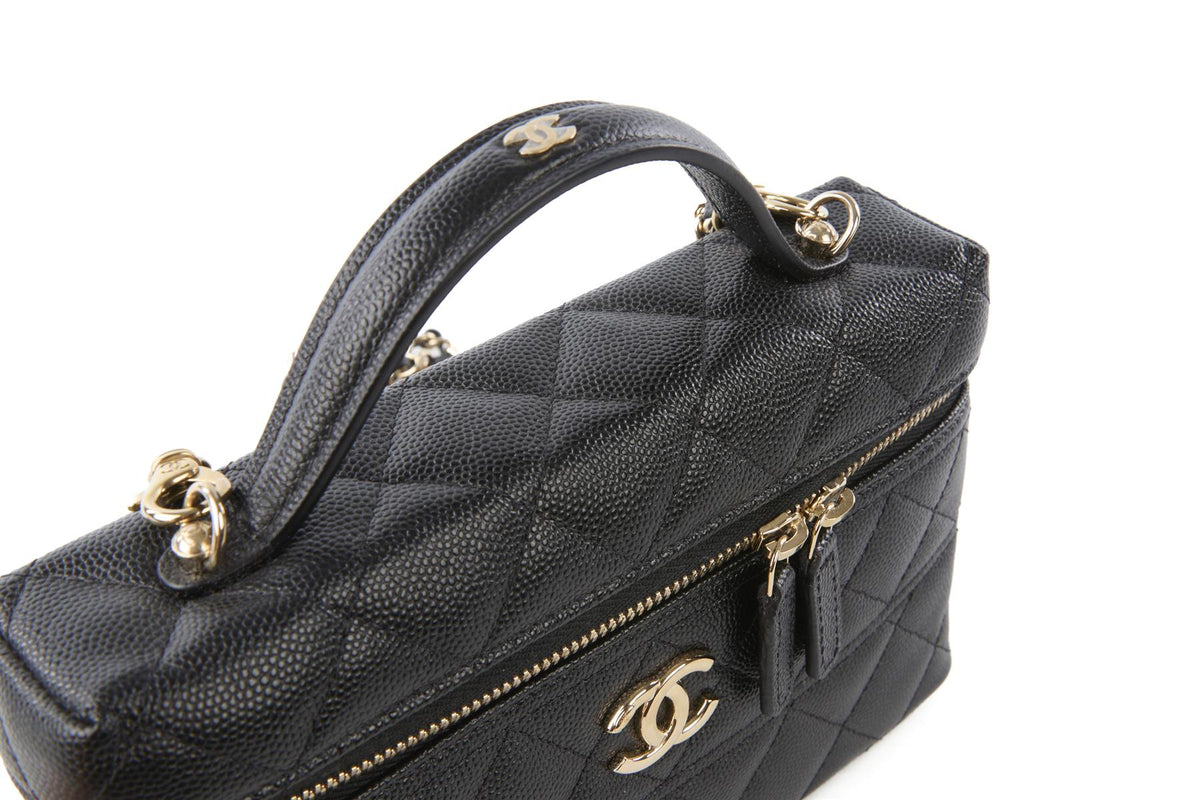 CHANEL BLACK 2025 VANITY CASE WITH CHAIN QUILTED CAVIAR LEATHER SHOULDER BAG