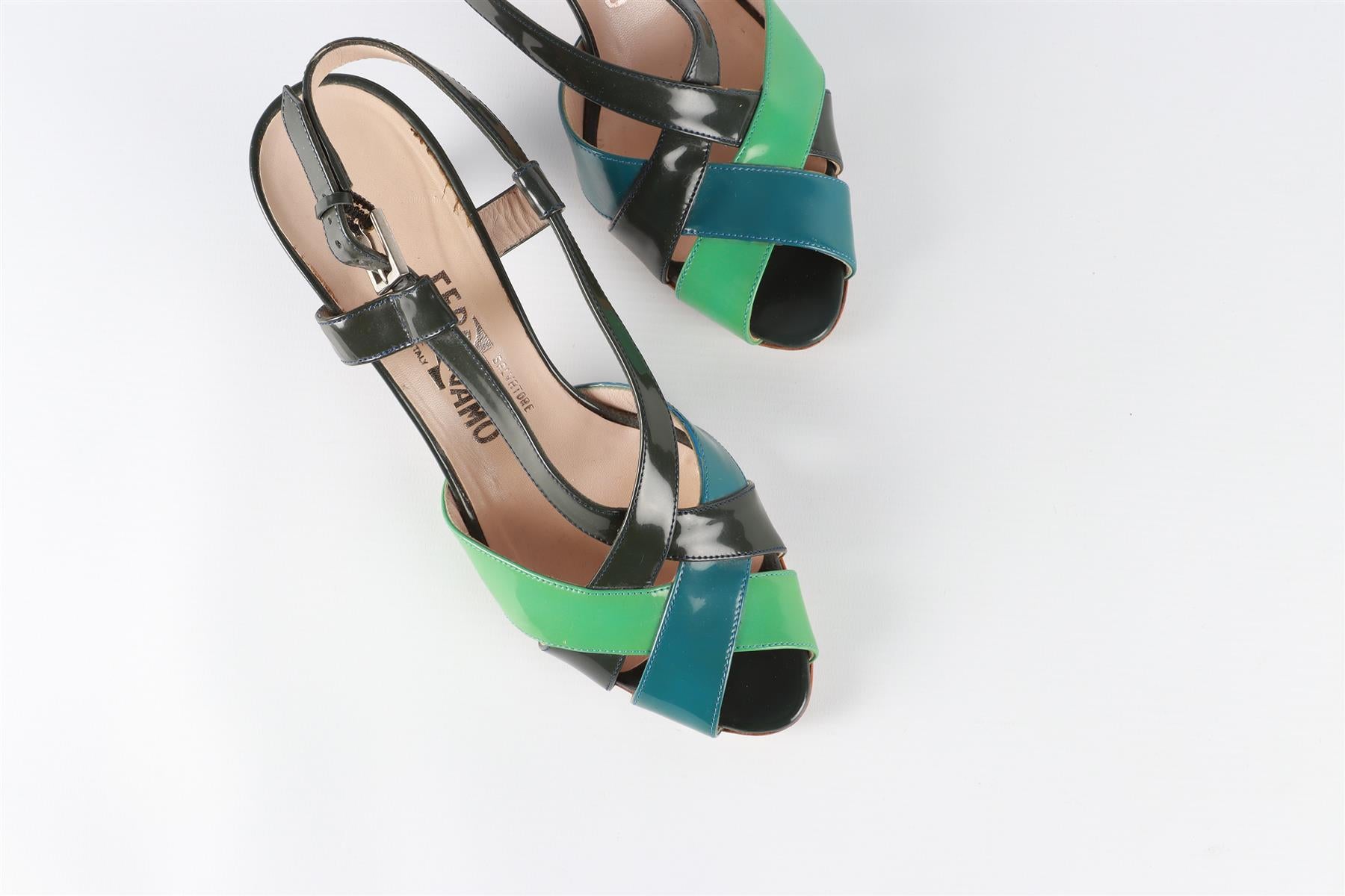 SALVATORE FERRAGAMO GREEN PATENT LEATHER SANDALS EU 37 UK 4 US 7