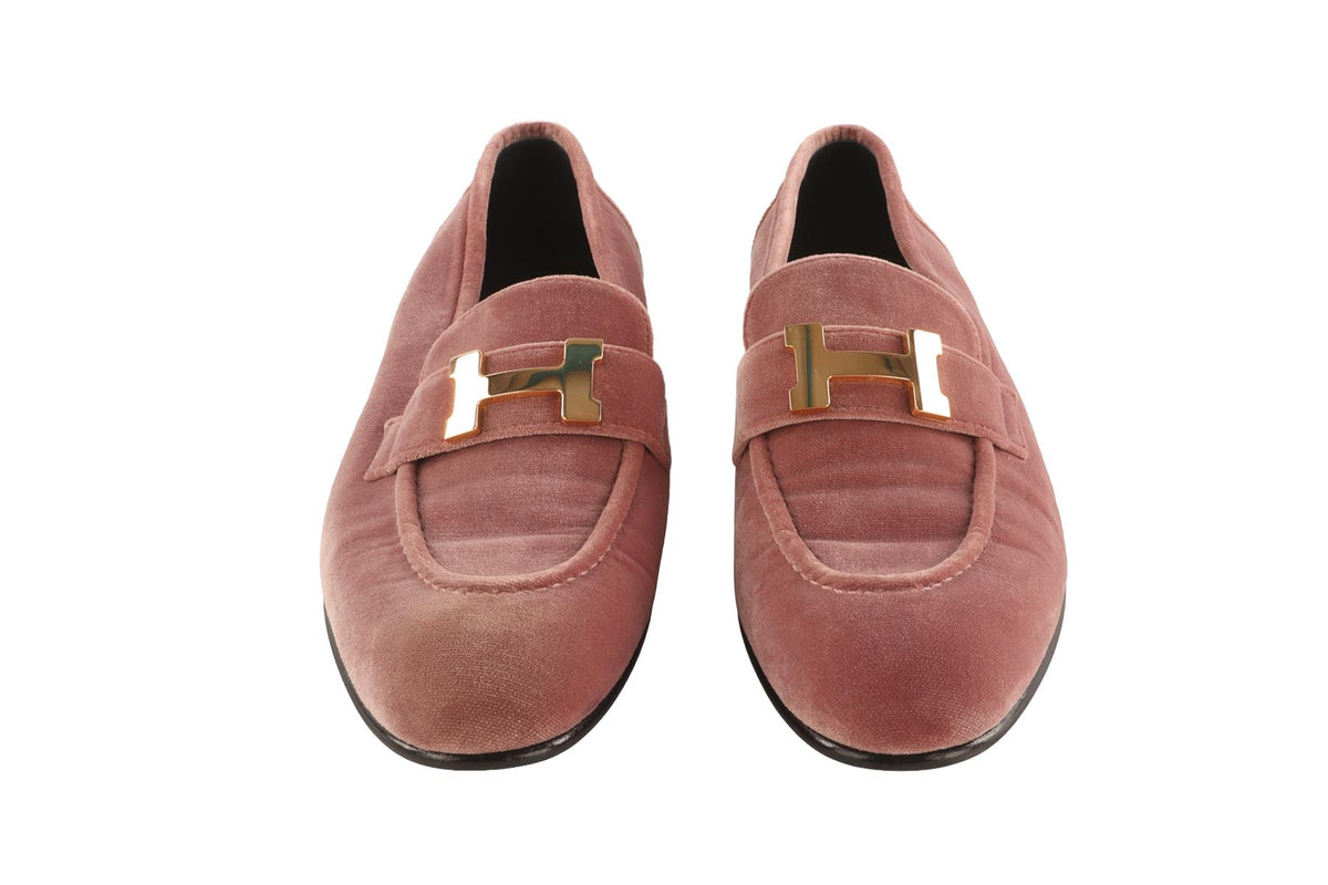 HERMÈS PINK PARIS VELVET LOAFERS EU 37 UK 4 US 7