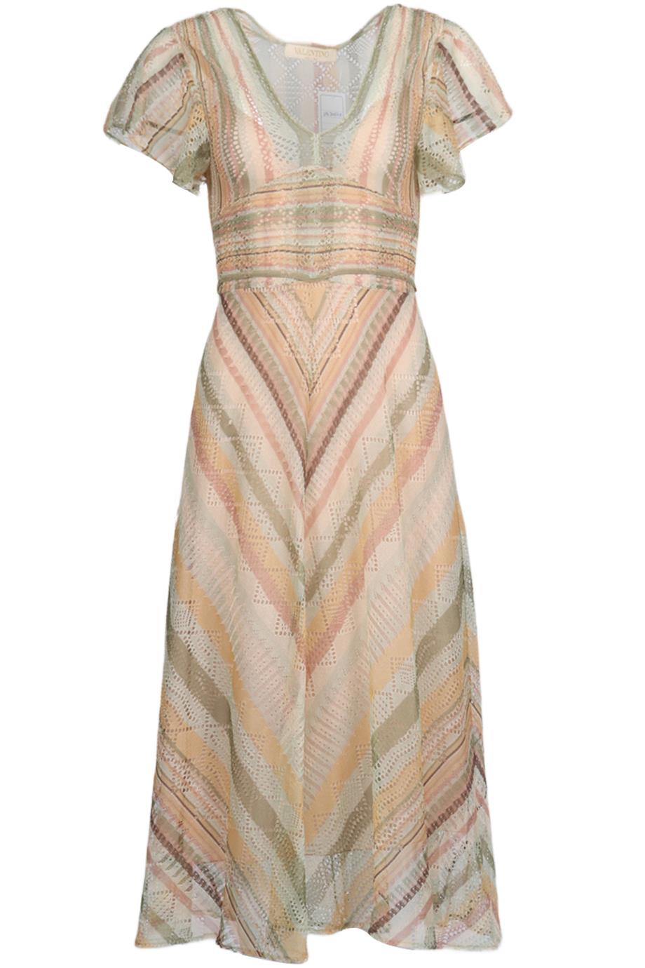 VALENTINO STRIPED SILK MIDI DRESS SMALL