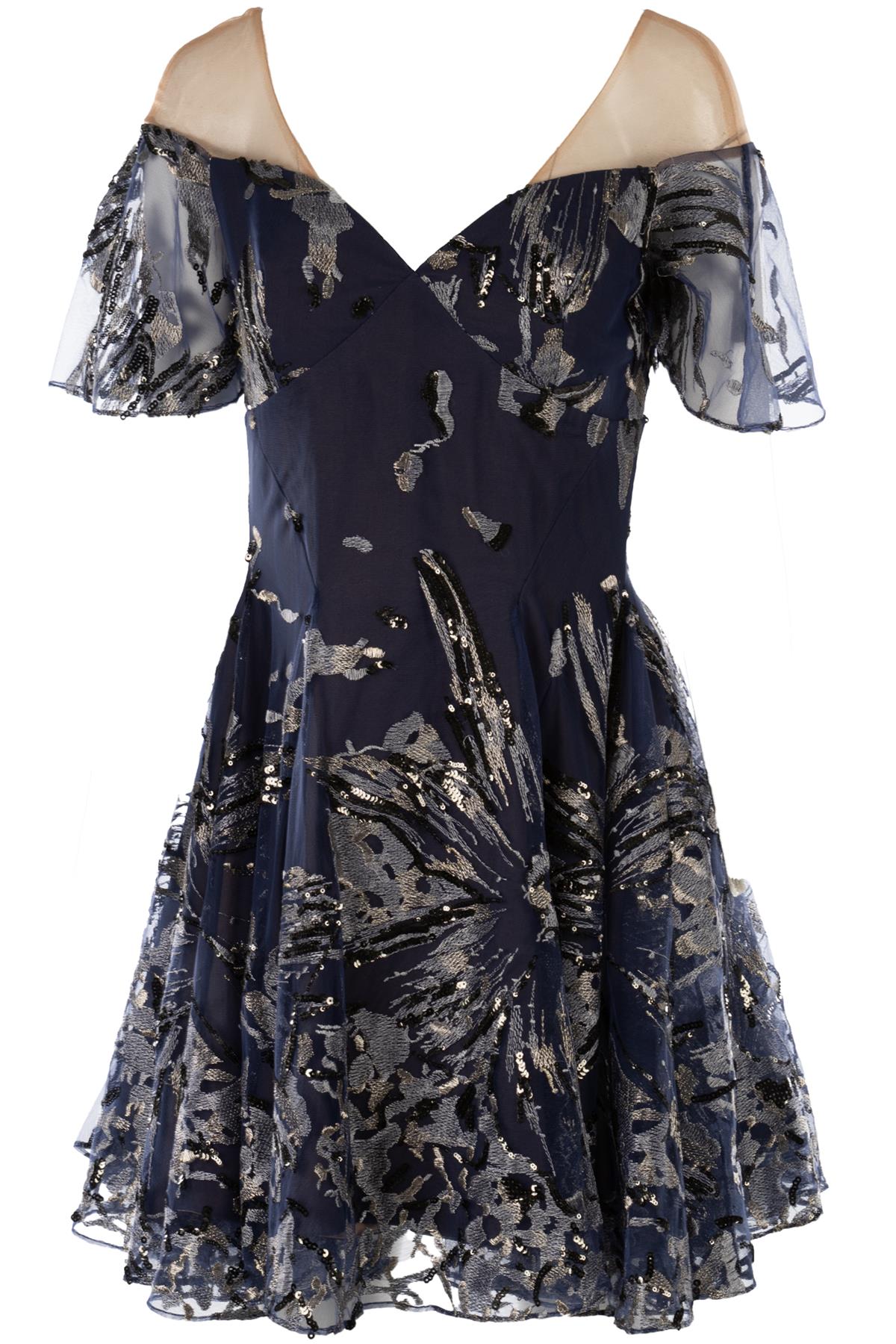 MARCHESA NOTTE NAVY TULLE MINI DRESS US 4 UK 8
