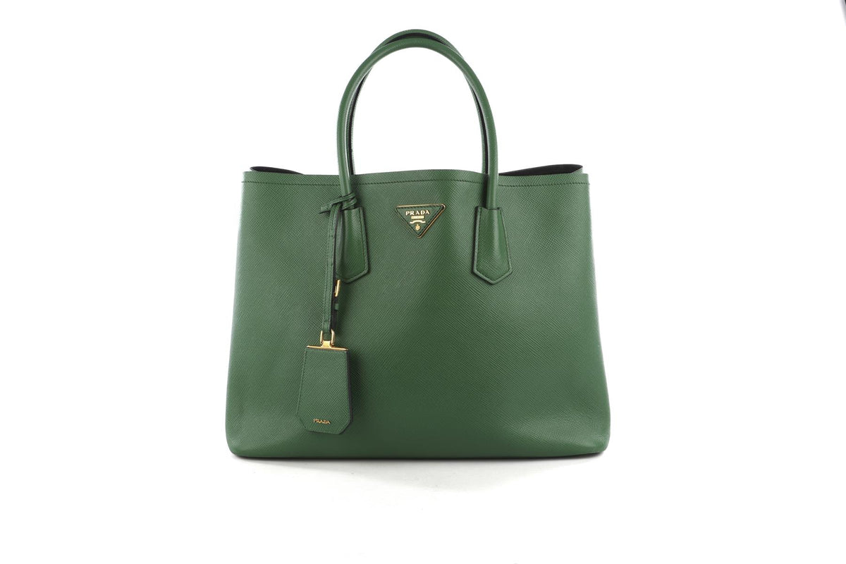 PRADA GREEN DOUBLE MEDIUM SAFFIANO LEATHER TOTE BAG