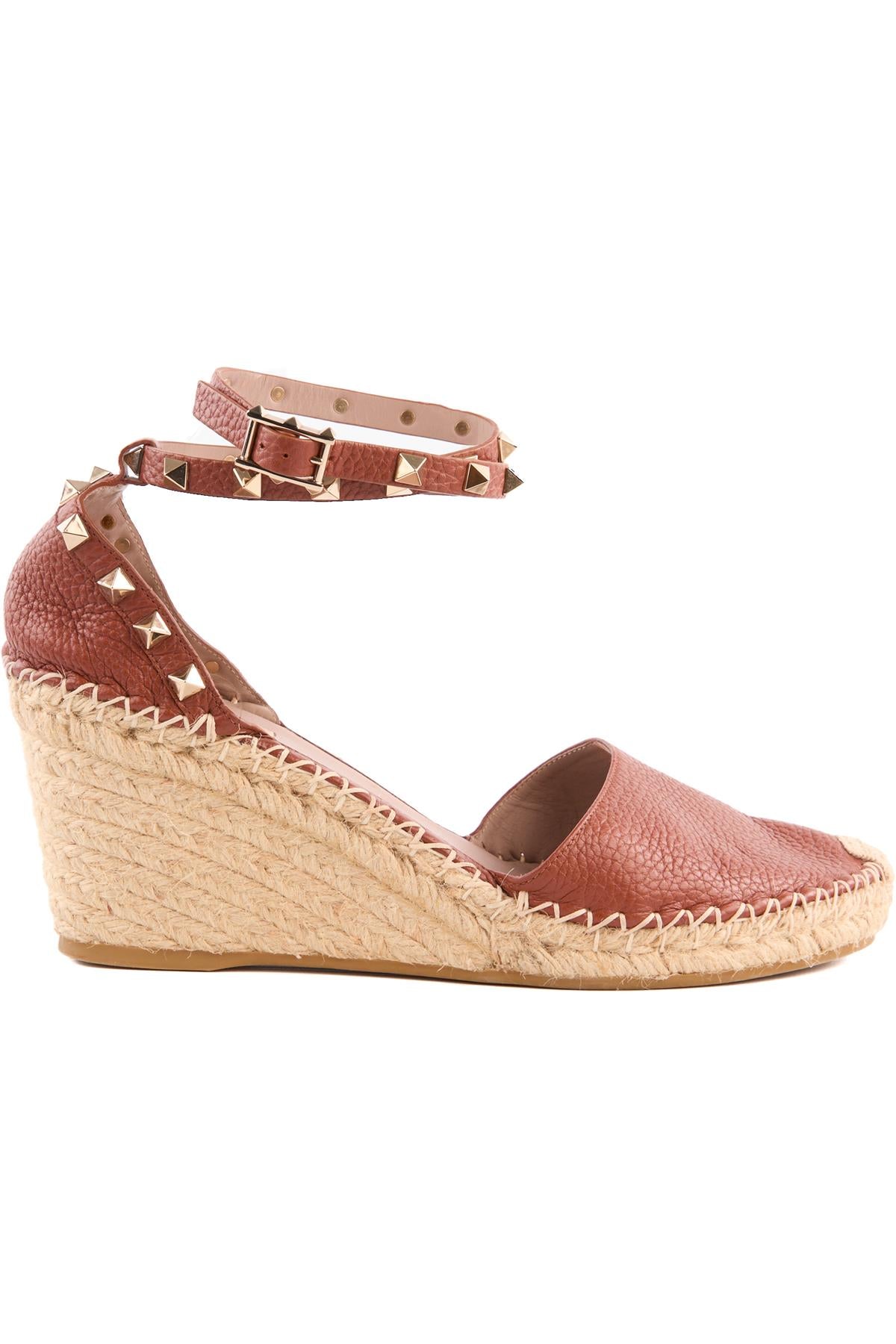 VALENTINO GARAVANI BROWN ROCKSTUD LEATHER WEDGE ESPADRILLES EU 41 UK 8 US 11