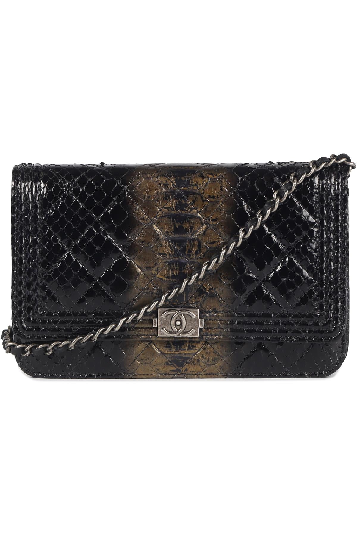 CHANEL BLACK 2014 BOY WALLET ON CHAIN PYTHON SHOULDER BAG
