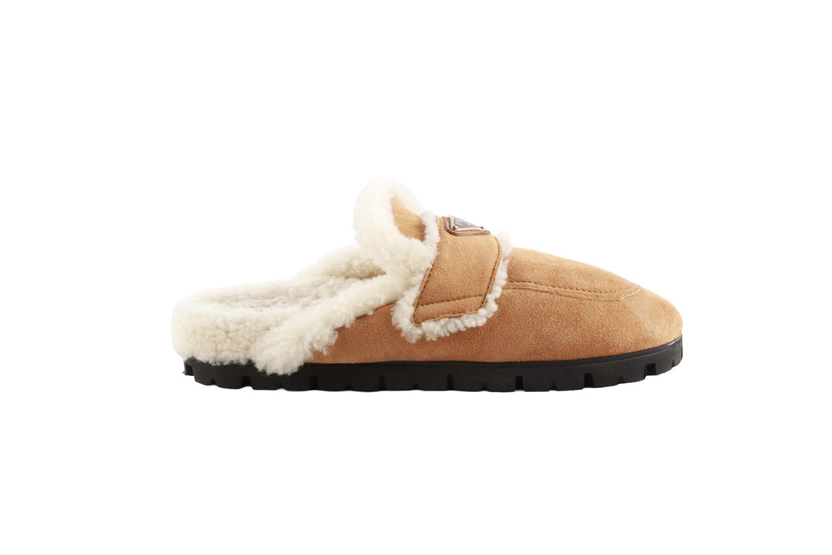 PRADA TAN SHEARLING AND SUEDE MULES EU 38 UK 5 US 8