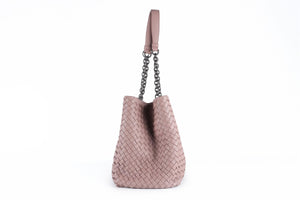 BOTTEGA VENETA PINK DOUBLE CHAIN MEDIUM INTRECCIATO LEATHER TOTE BAG