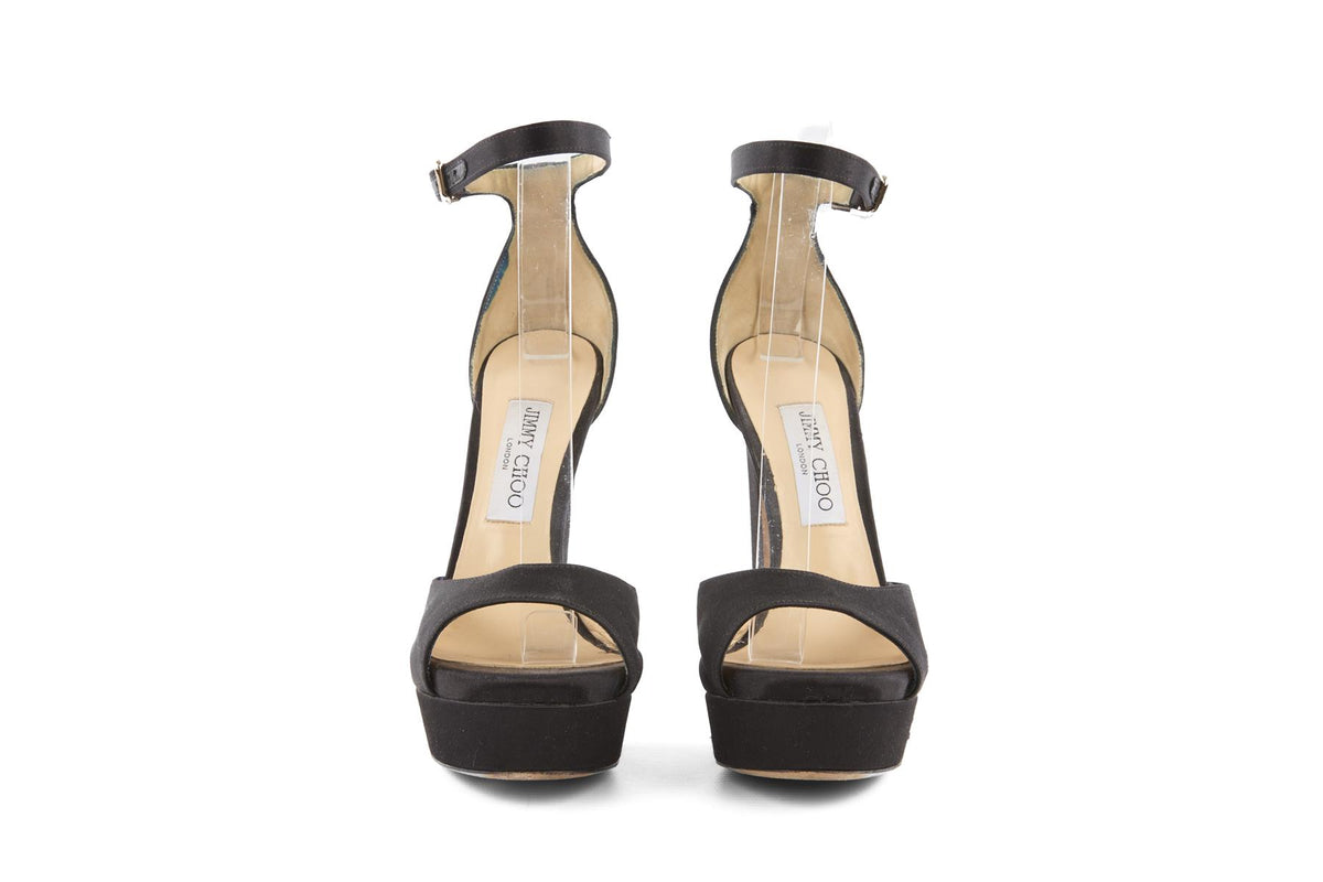 JIMMY CHOO BLACK SATIN PLATFORM SANDALS EU 38 UK 5 US 8