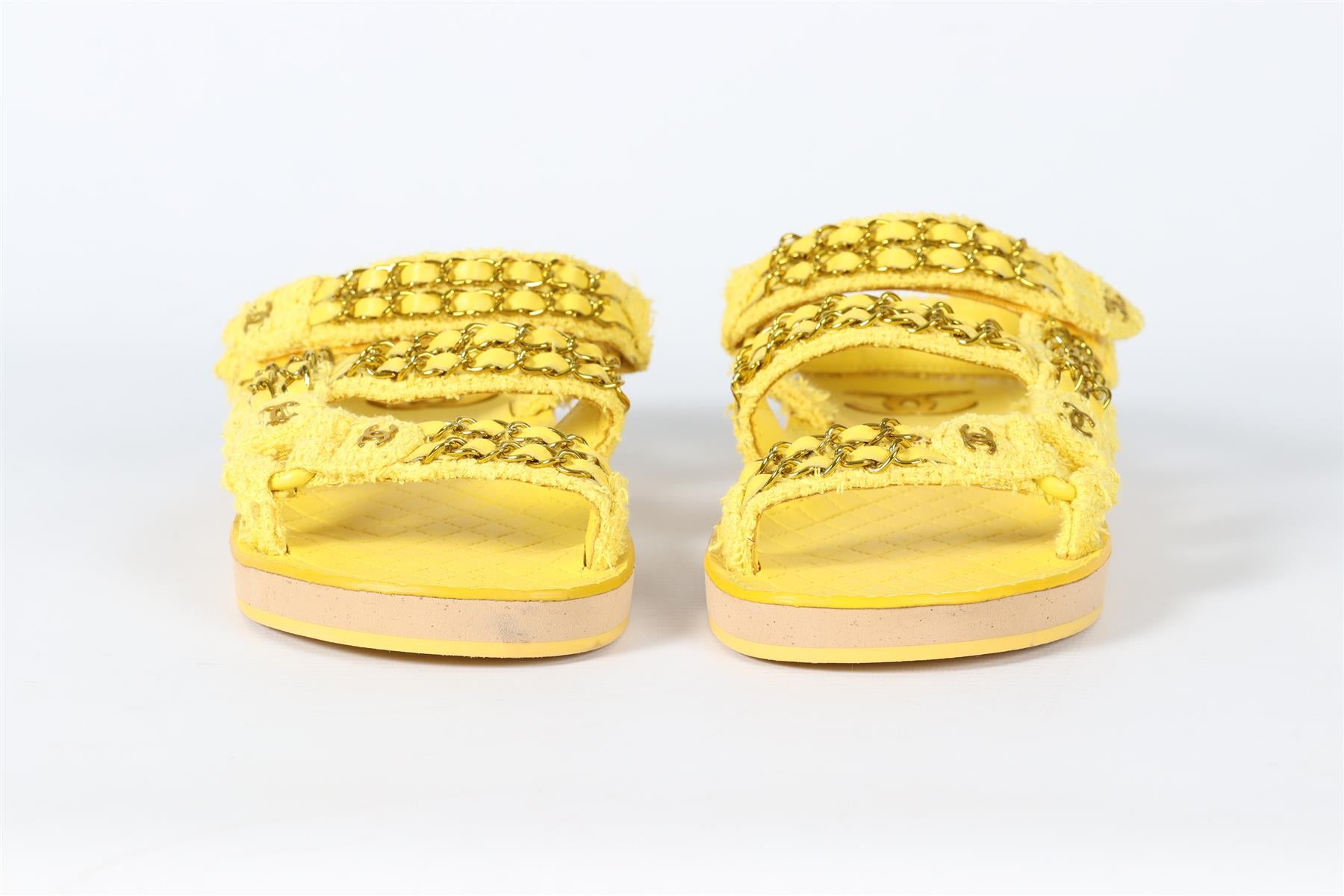 CHANEL YELLOW 2022 CHAIN AND TWEED SANDALS EU 38 UK 5 US 8