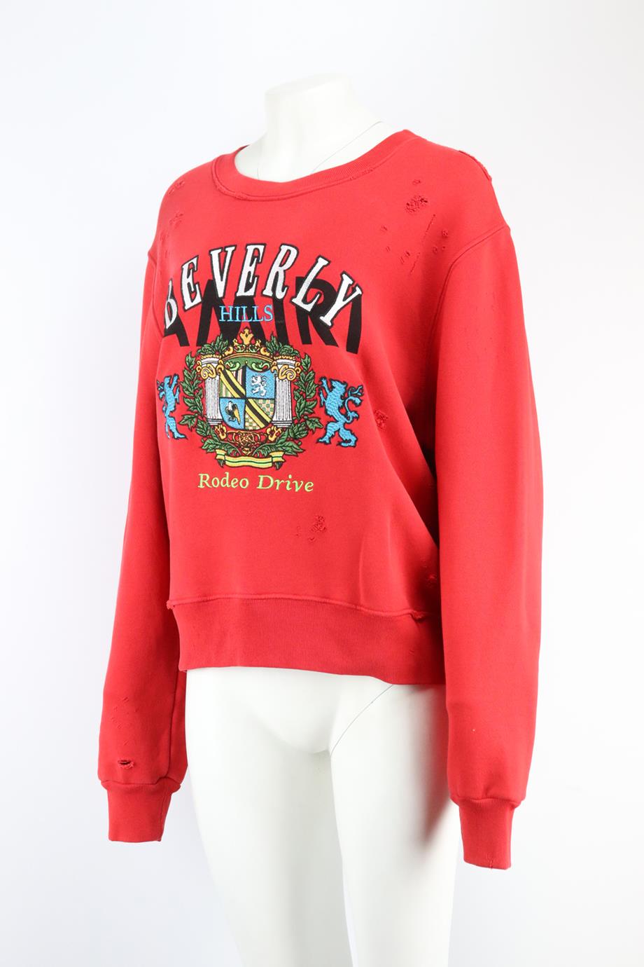 AMIRI DISTRESSED EMBROIDERED COTTON JERSEY SWEATSHIRT SMALL