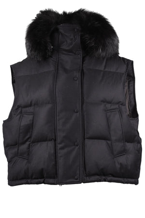 YVES SALOMON + LORO PIANA FABRIC NAVY FOX FUR AND WOOL GILET FR 38 UK 10