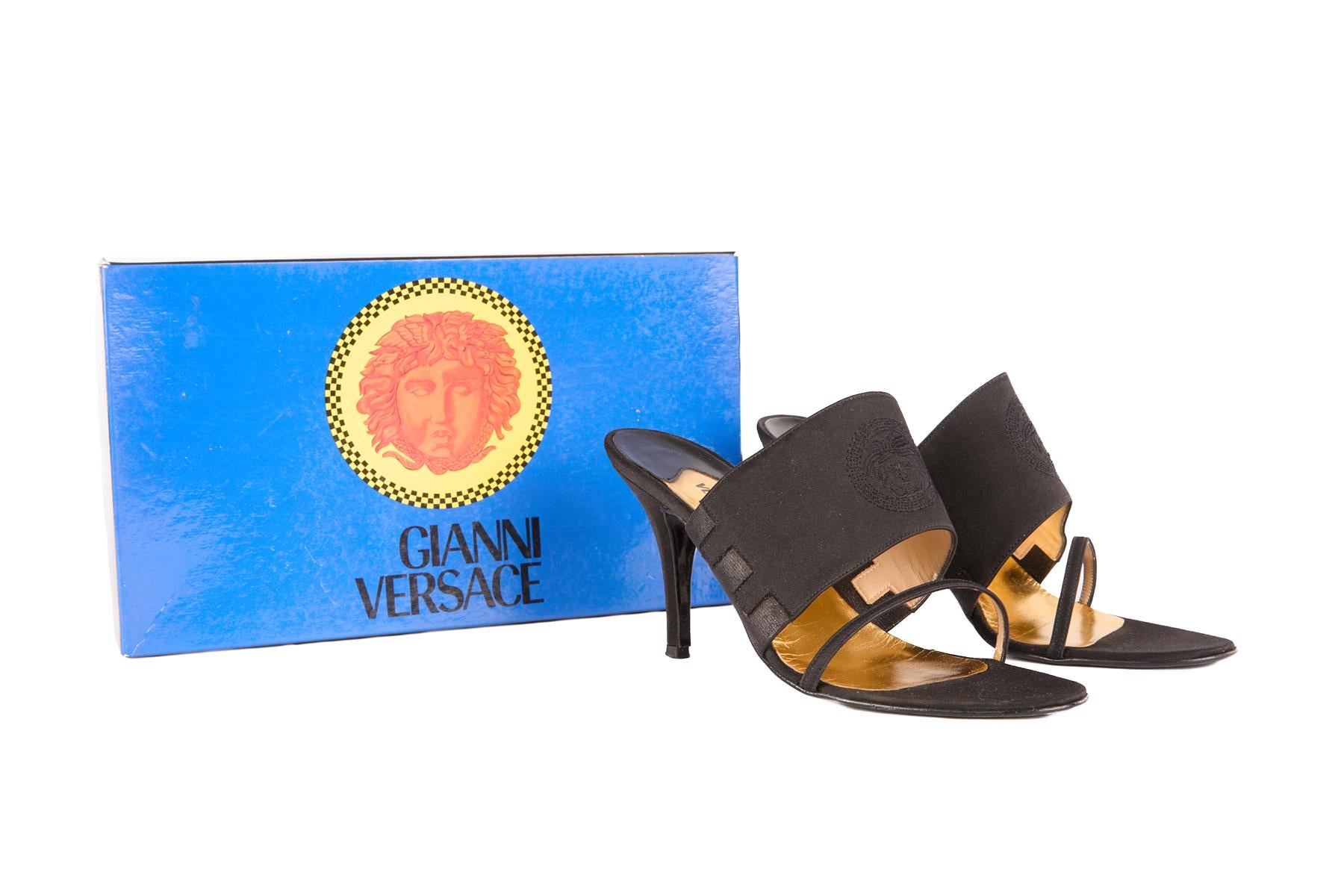 GIANNI VERSACE BLACK VINTAGE SATIN MULES EU 37.5 UK 4.5 US 7.5
