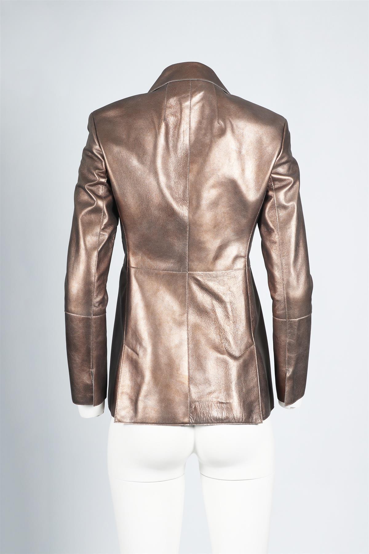 AKRIS BRONZE DOUBLE BREASTED LEATHER BLAZER SMALL