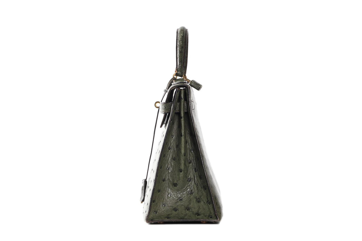 HERMÈS GREEN 1981 KELLY 32CM OSTRICH BAG IN VERT OLIVE