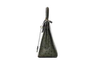 HERMÈS GREEN 1981 KELLY 32CM OSTRICH BAG IN VERT OLIVE
