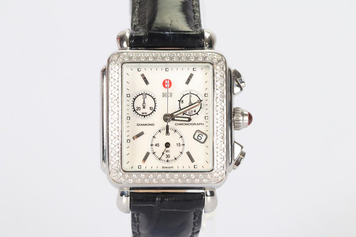 MICHELE DECO 71-6000 STAINLESS STEEL AND LEATHER WRIST WATCH