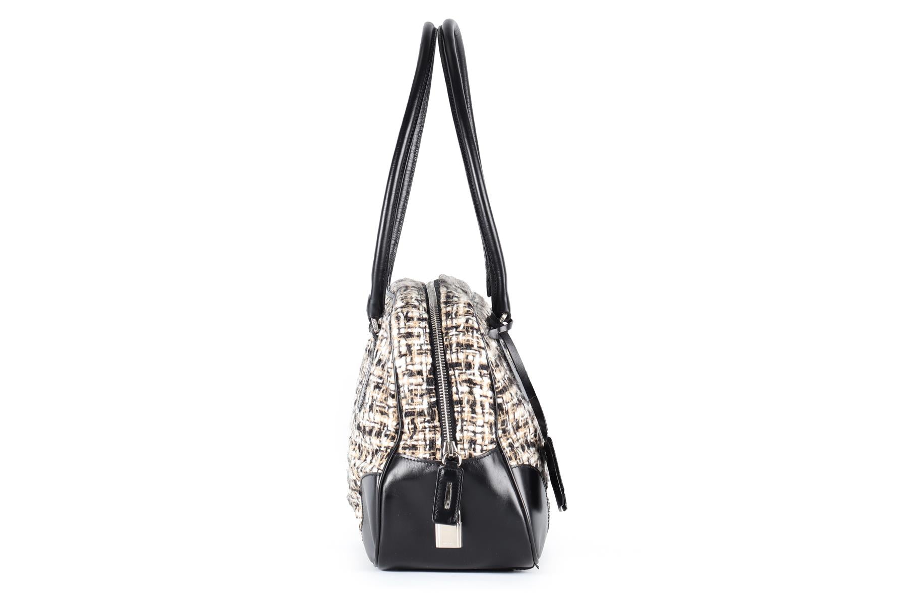 PRADA BLACK TWEED AND LEATHER SHOULDER BAG
