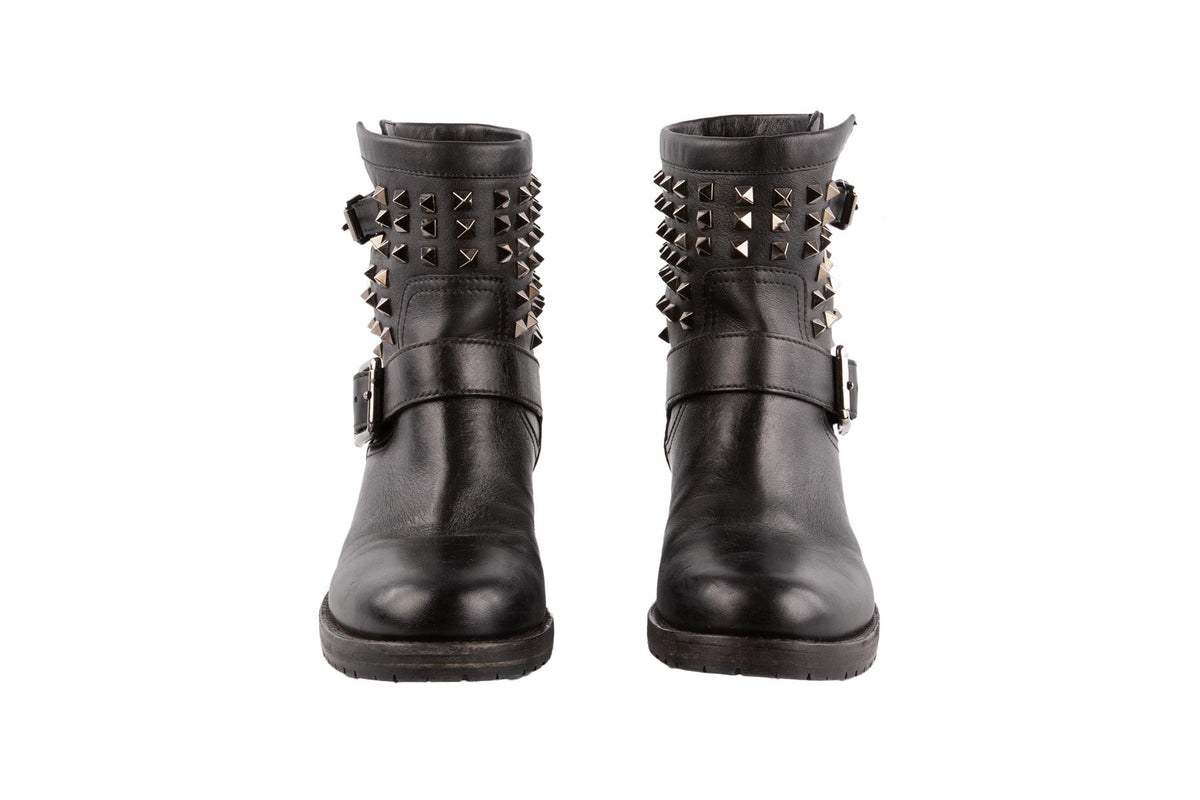 VALENTINO GARAVANI BLACK ROCKSTUD LEATHER ANKLE BOOTS EU 39