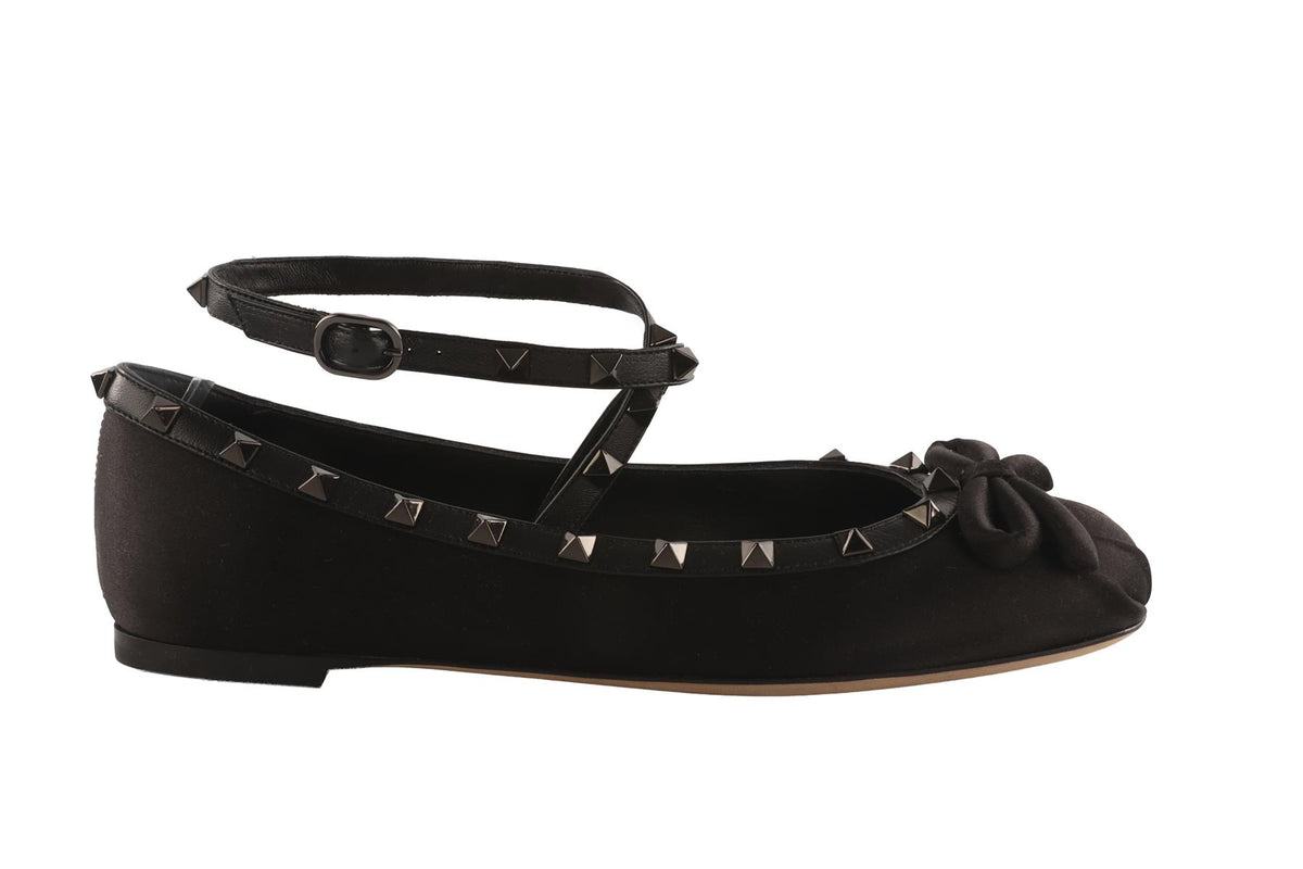 VALENTINO GARAVANI BLACK ROCKSTUD SATIN BALLET FLATS EU 39.5 UK 6.5 US 9.5