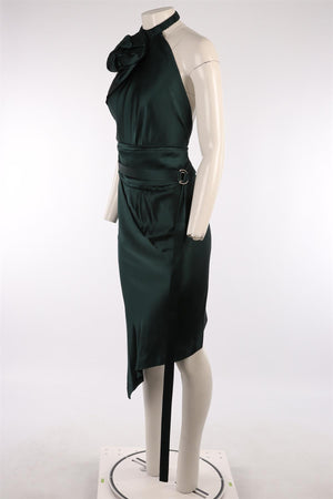 SAINT LAURENT GREEN 2017 SATIN MIDI DRESS FR 38 UK 10