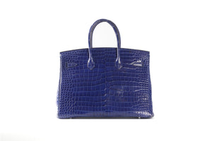 HERMÈS BLUE 2012 BIRKIN 35CM POROSUS CROCODILE LEATHER BAG IN ROYAL BLUE