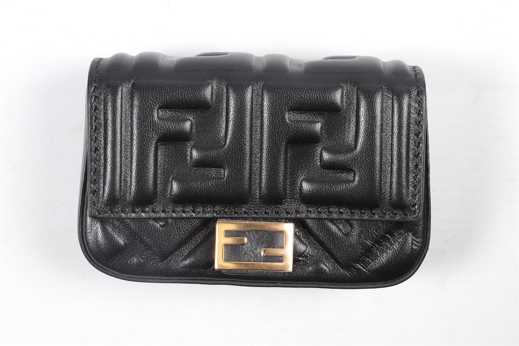 FENDI BLACK NANO BAGUETTE CHARM FF LEATHER CROSSBODY BAG