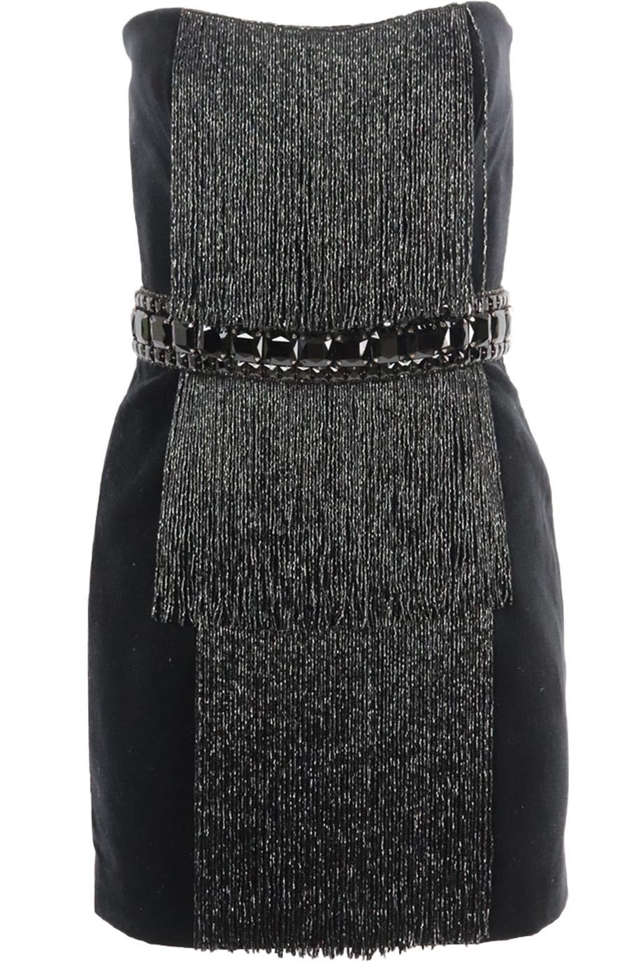 BALMAIN FRINGED BEADED VELVET MINI DRESS FR 38 UK 10