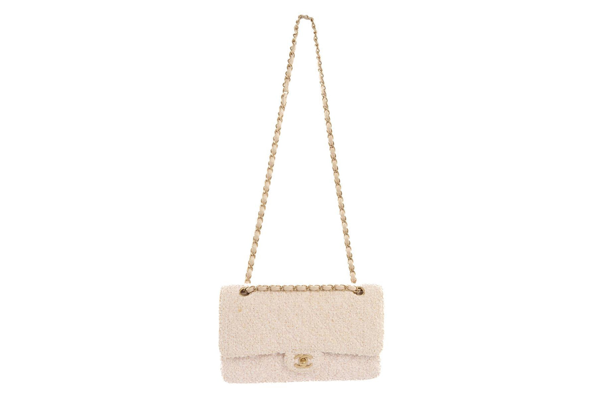 CHANEL PINK 2003-2004 CLASSIC DOUBLE FLAP MEDIUM TWEED SHOULDER BAG