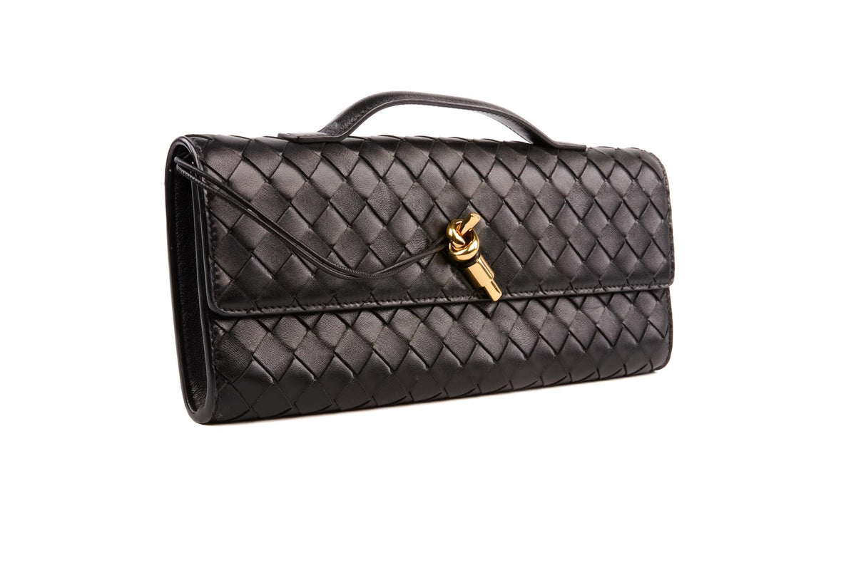 BOTTEGA VENETA BLACK ANDIAMO LONG INTRECCIATO LEATHER CLUTCH