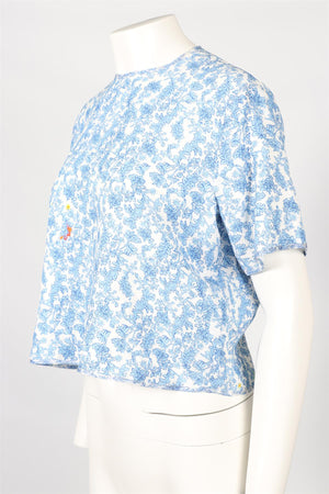 PREEN BY THORNTON BREGAZZI BLUE AND WHITE PRINTED SILK BLEND TOP SMALL