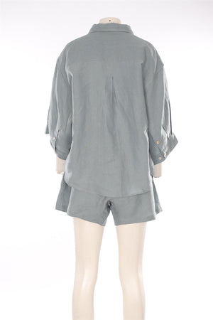 DEIJI STUDIOS BLUE LINEN SHORTS AND TOP SET SMALL-MEDIUM