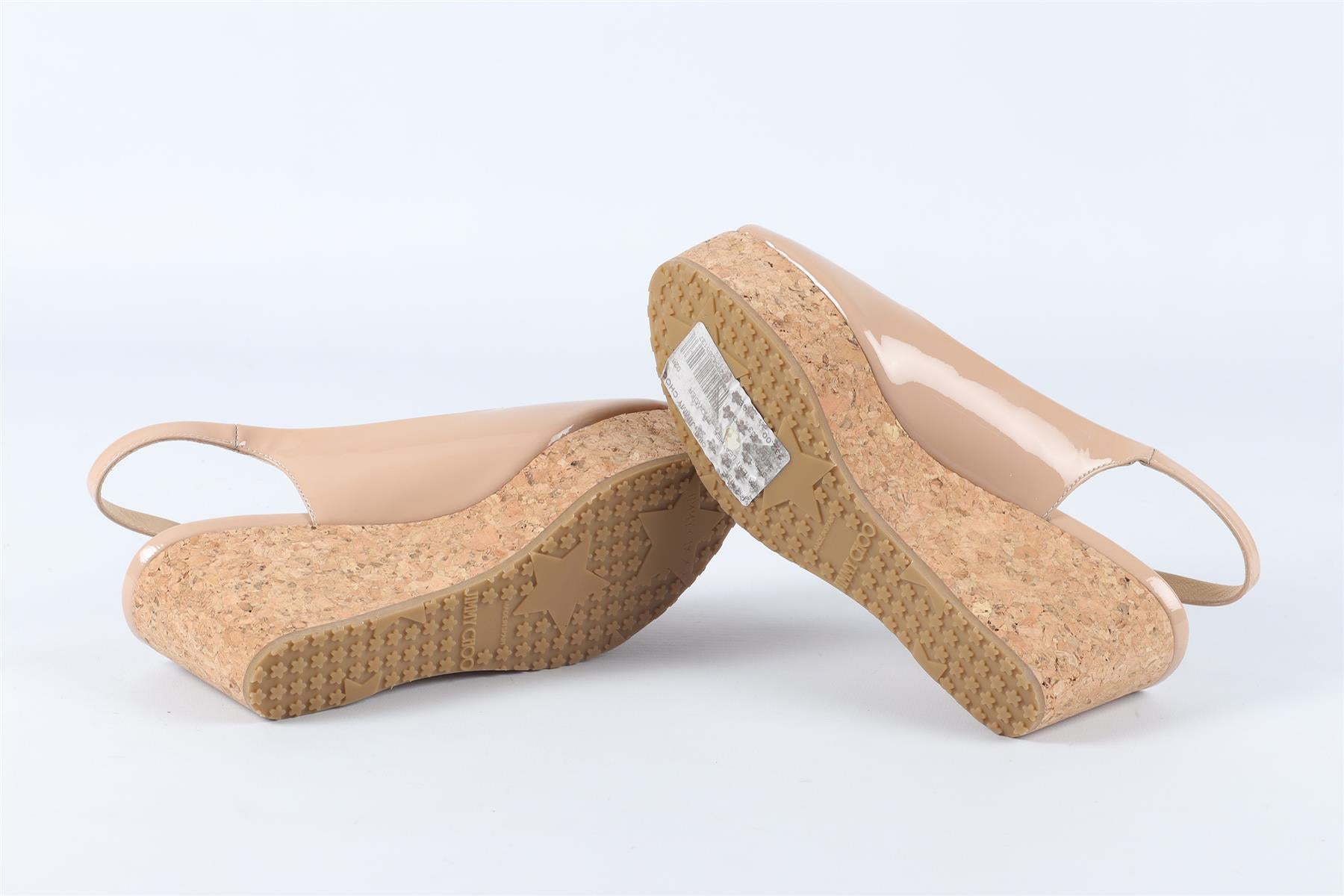 JIMMY CHOO NUDE PATENT LEATHER WEDGE SANDALS EU 34 UK 1 US 4