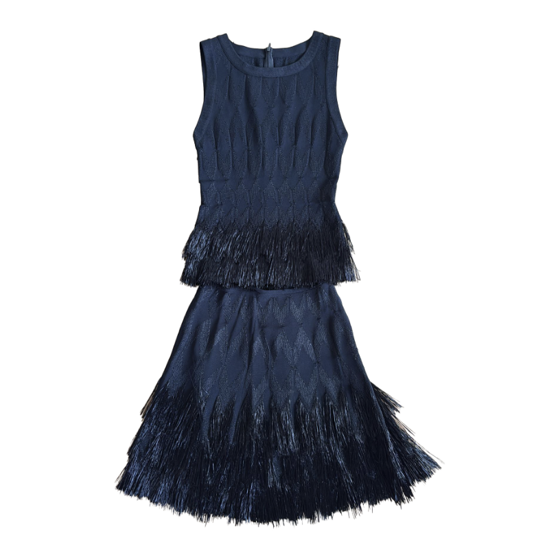 ALAÏA BLACK RAFFIA TOP AND SKIRT SET FR 38 UK 10
