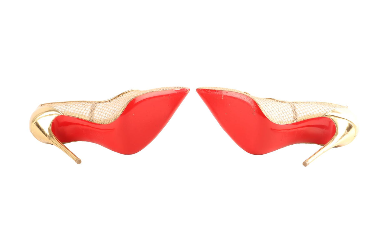 CHRISTIAN LOUBOUTIN GOLD FOLLIES RESILLE MESH PUMPS EU 38.5 UK 5.5 US 8.5