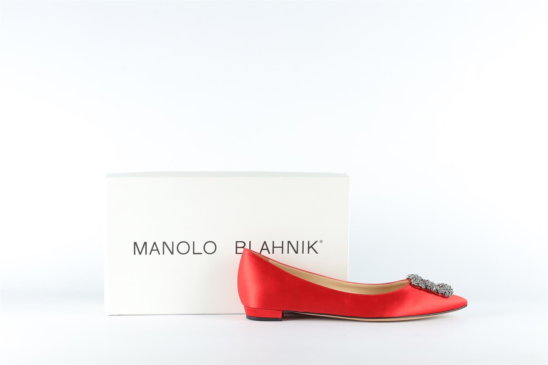 MANOLO BLAHNIK RED HANGISI SATIN BALLERINA FLATS EU 37.5 UK 4.5 US 7.5