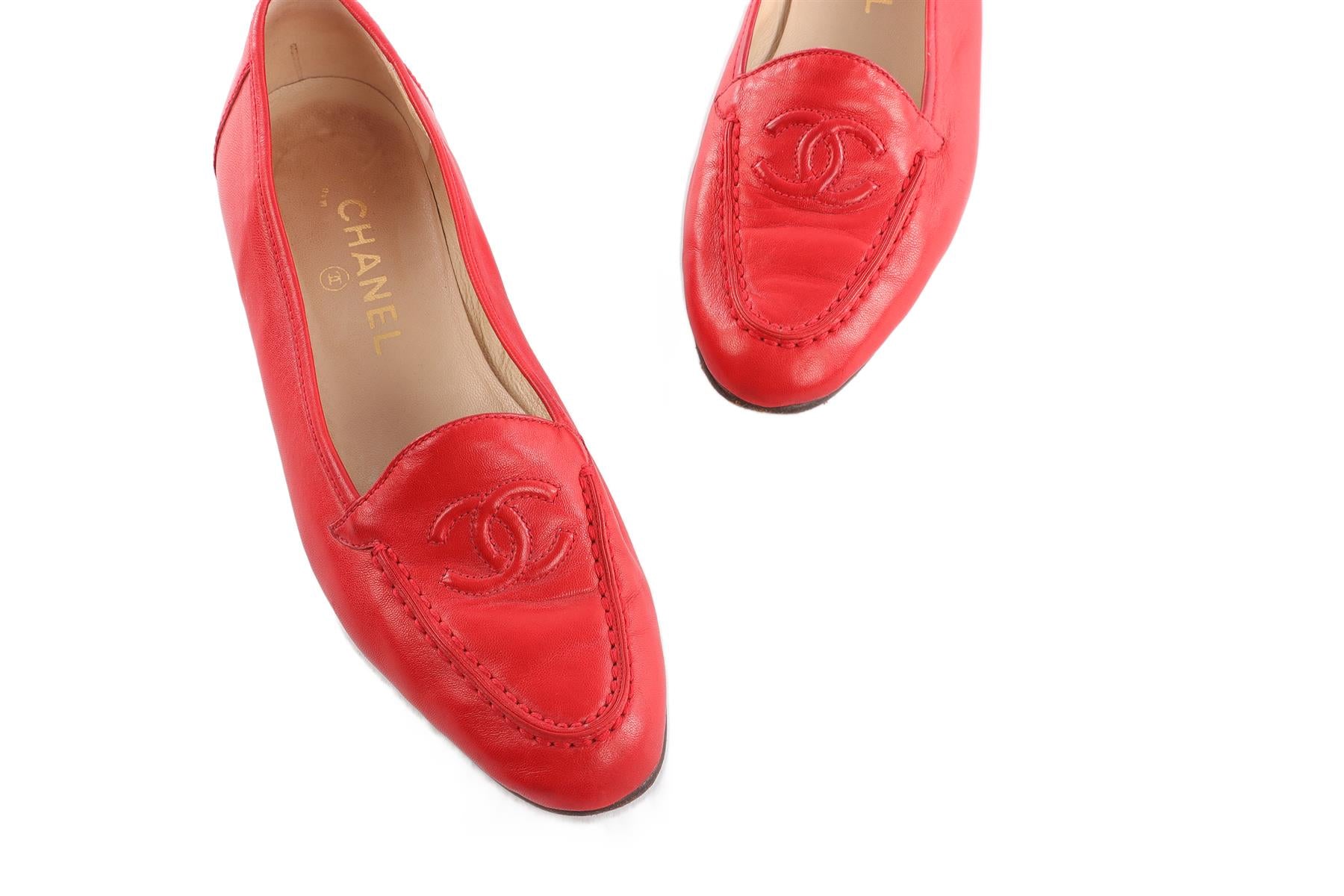 CHANEL RED VINTAGE CC LEATHER LOAFERS EU 39.5 UK 6.5 US 9.5