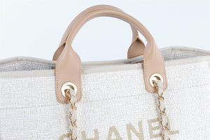 CHANEL BEIGE 2018 DEAUVILLE MEDIUM FABRIC TOTE BAG