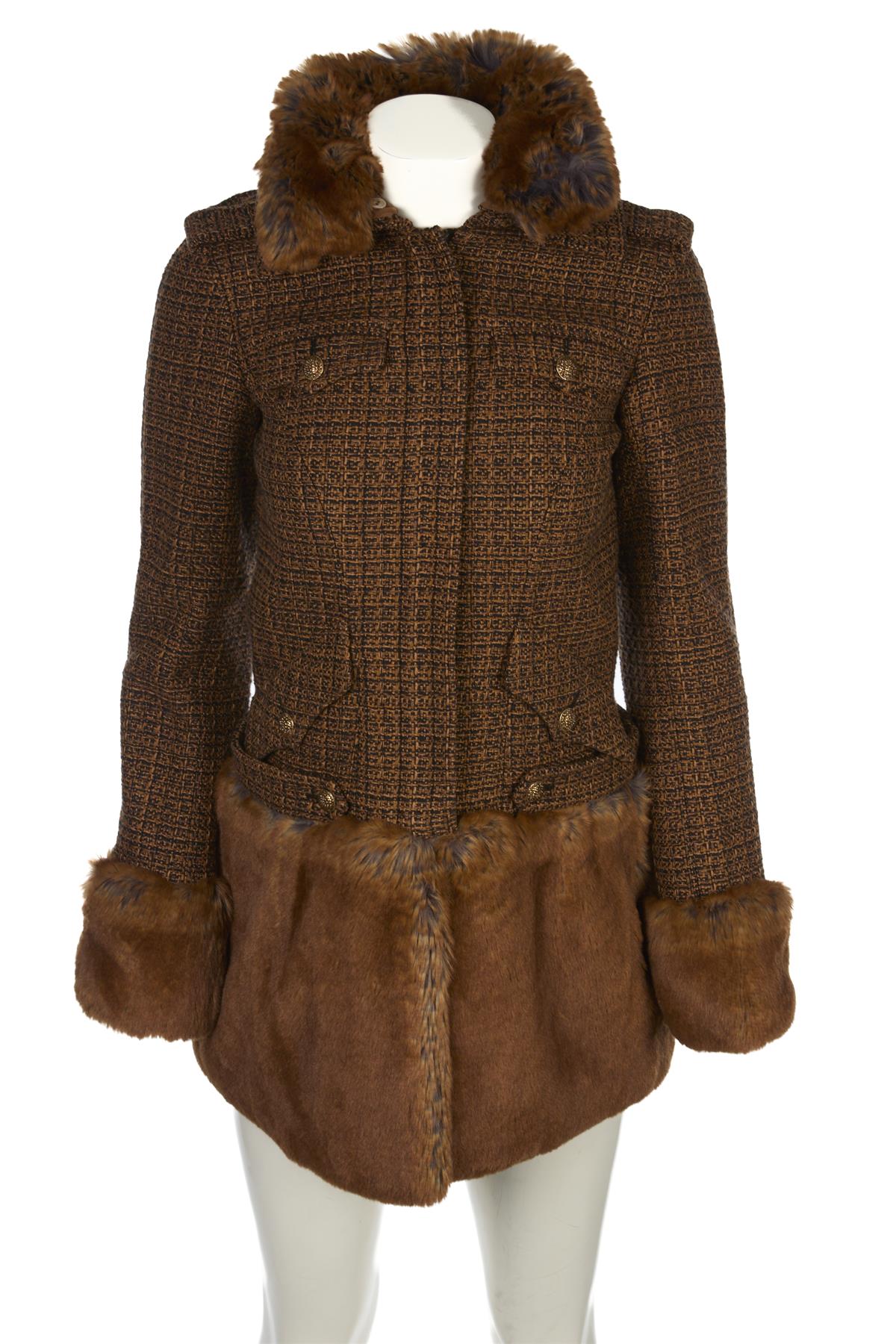 CHANEL BROWN 2010 FAUX FUR AND TWEED COAT FR 36 UK 8