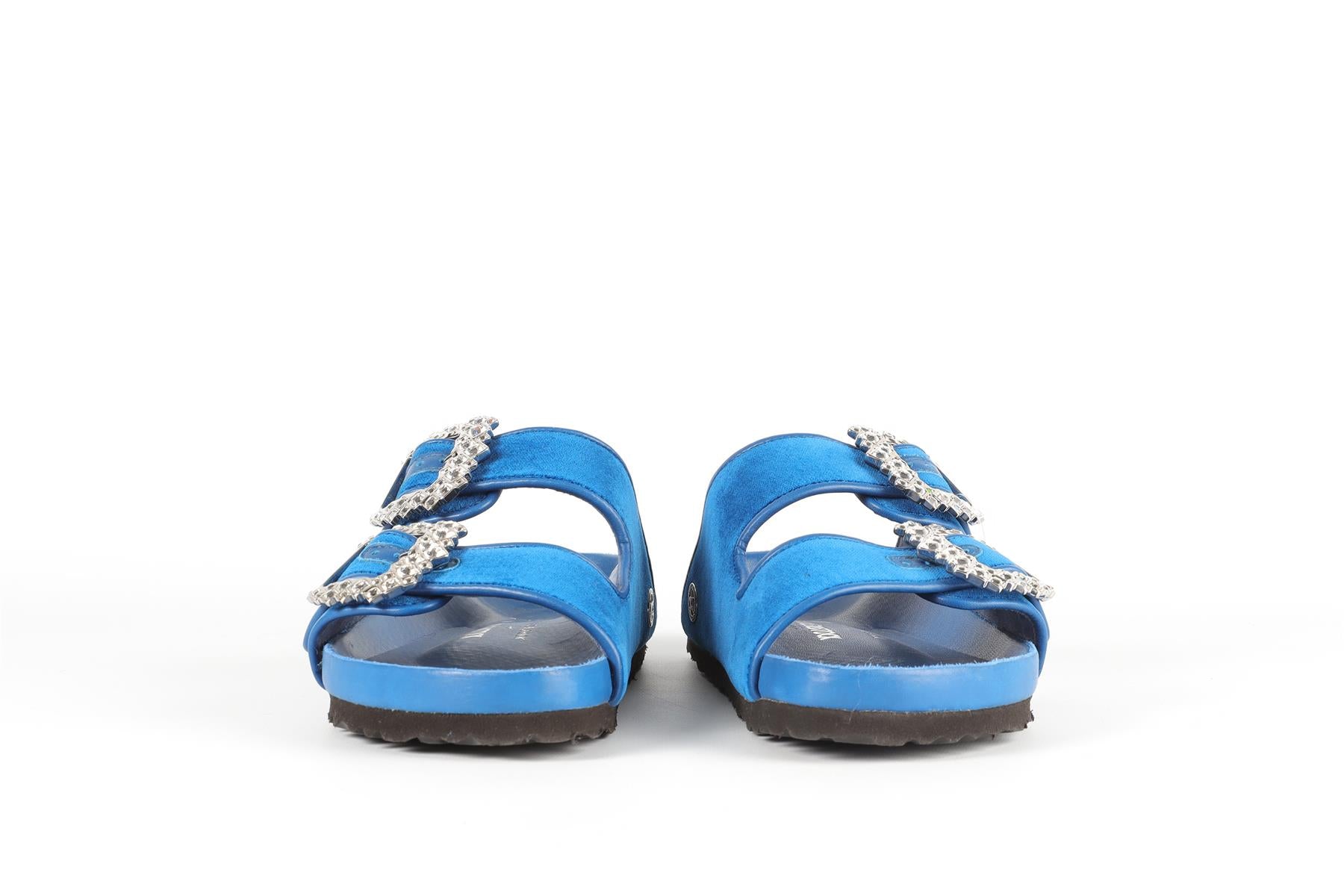 MANOLO BLAHNIK + BIRKENSTOCK BLUE VELVET SANDALS EU 38 UK 5 US 8