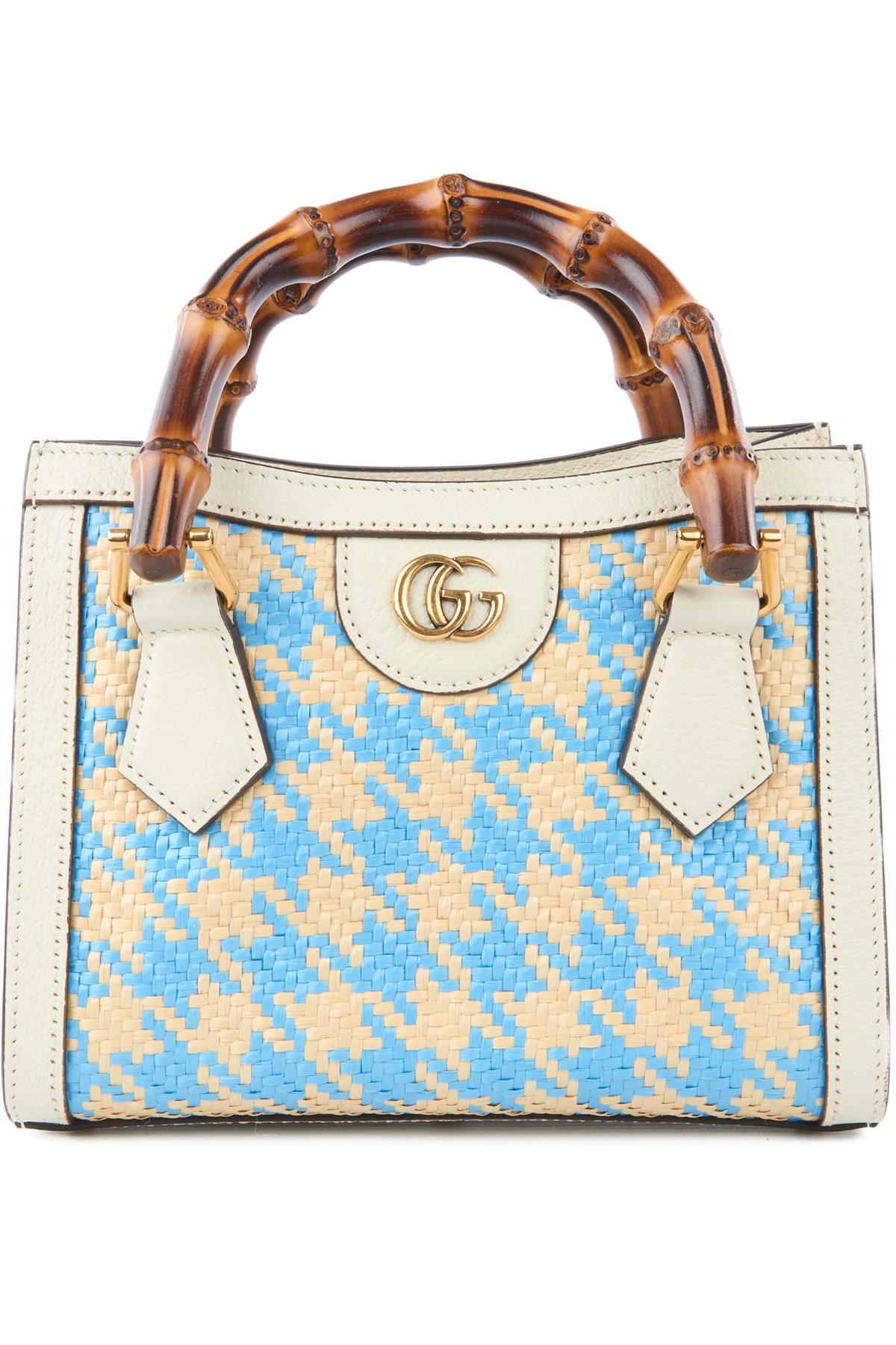 GUCCI BLUE DIANA MINI RAFFIA TOTE BAG