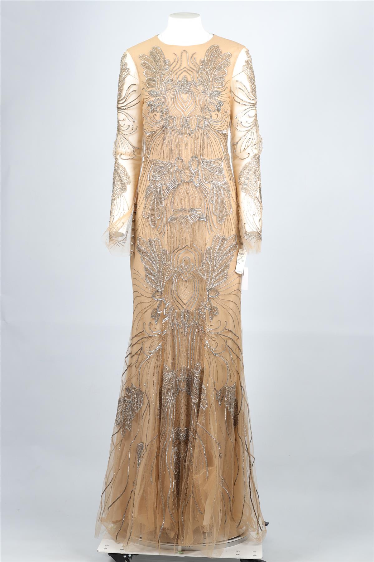 MONIQUE LHUILLIER TAN BEAD AND TULLE MAXI DRESS US 8 UK 12