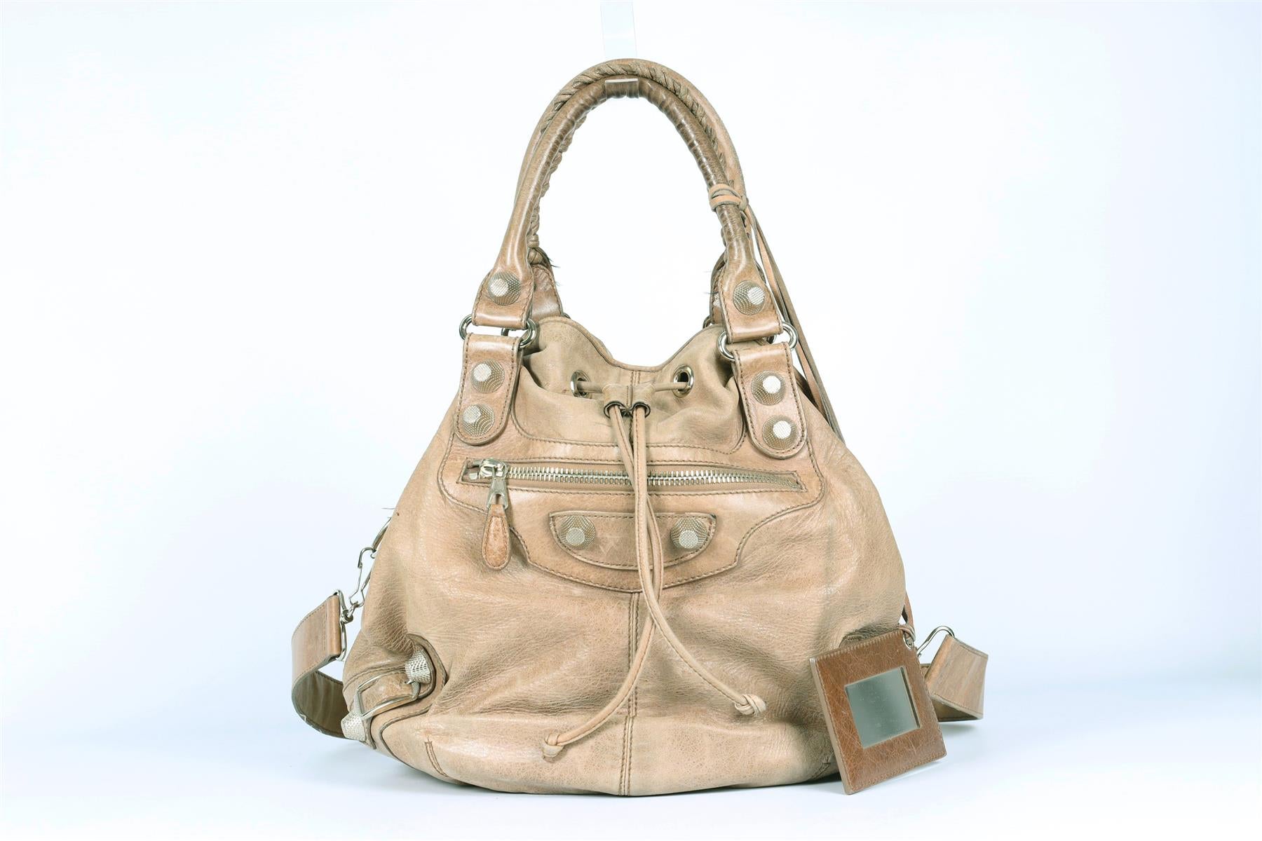 BALENCIAGA TAUPE GIANT 21 POMPON LEATHER BUCKET BAG