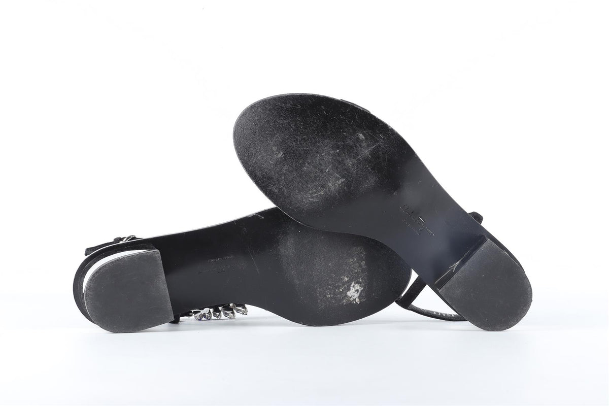 SALVATORE FERRAGAMO BLACK CRYSTAL AND SUEDE SANDALS EU 37.5 UK 4.5 US 7.5