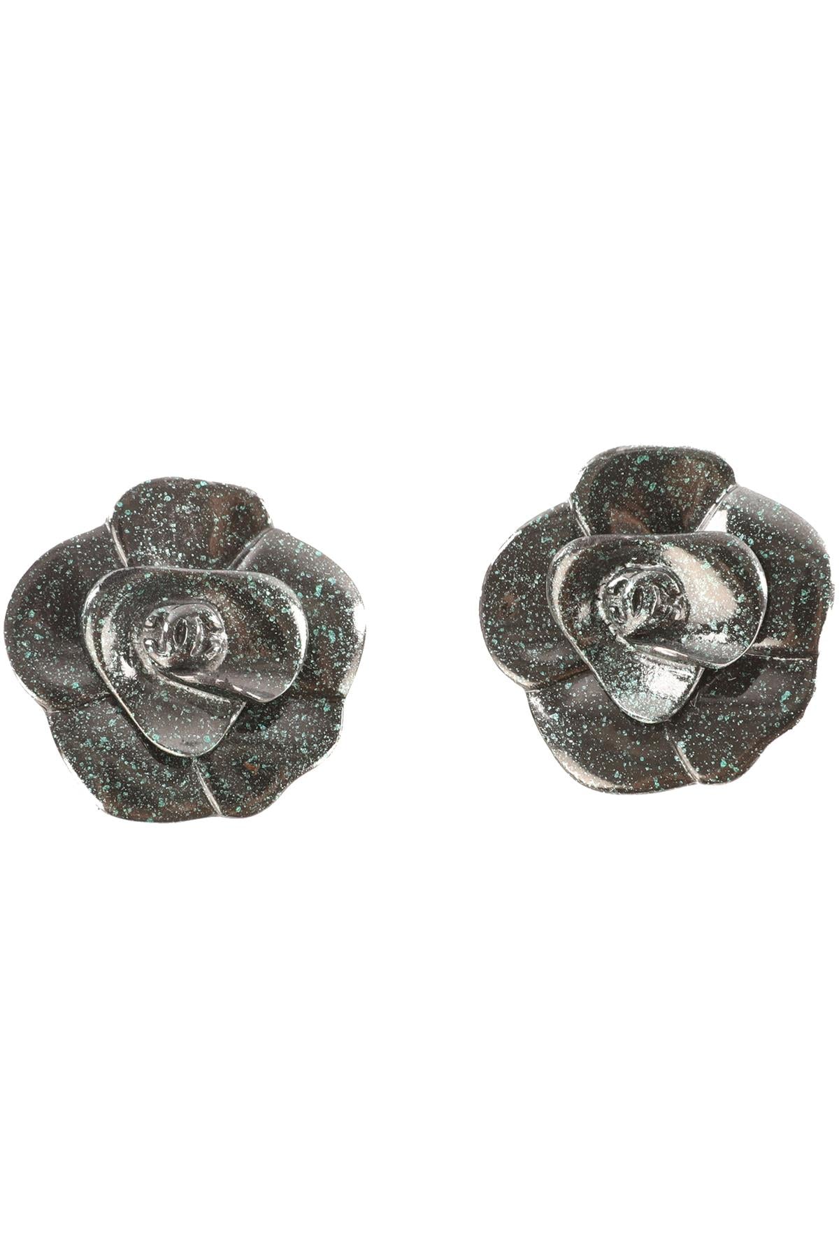 CHANEL GREEN 2001 CAMELIA CLIP EARRINGS